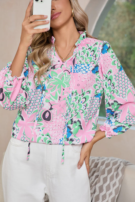 Women's Green Tropical Floral Frill V-Neck Puff Sleeve Blouse