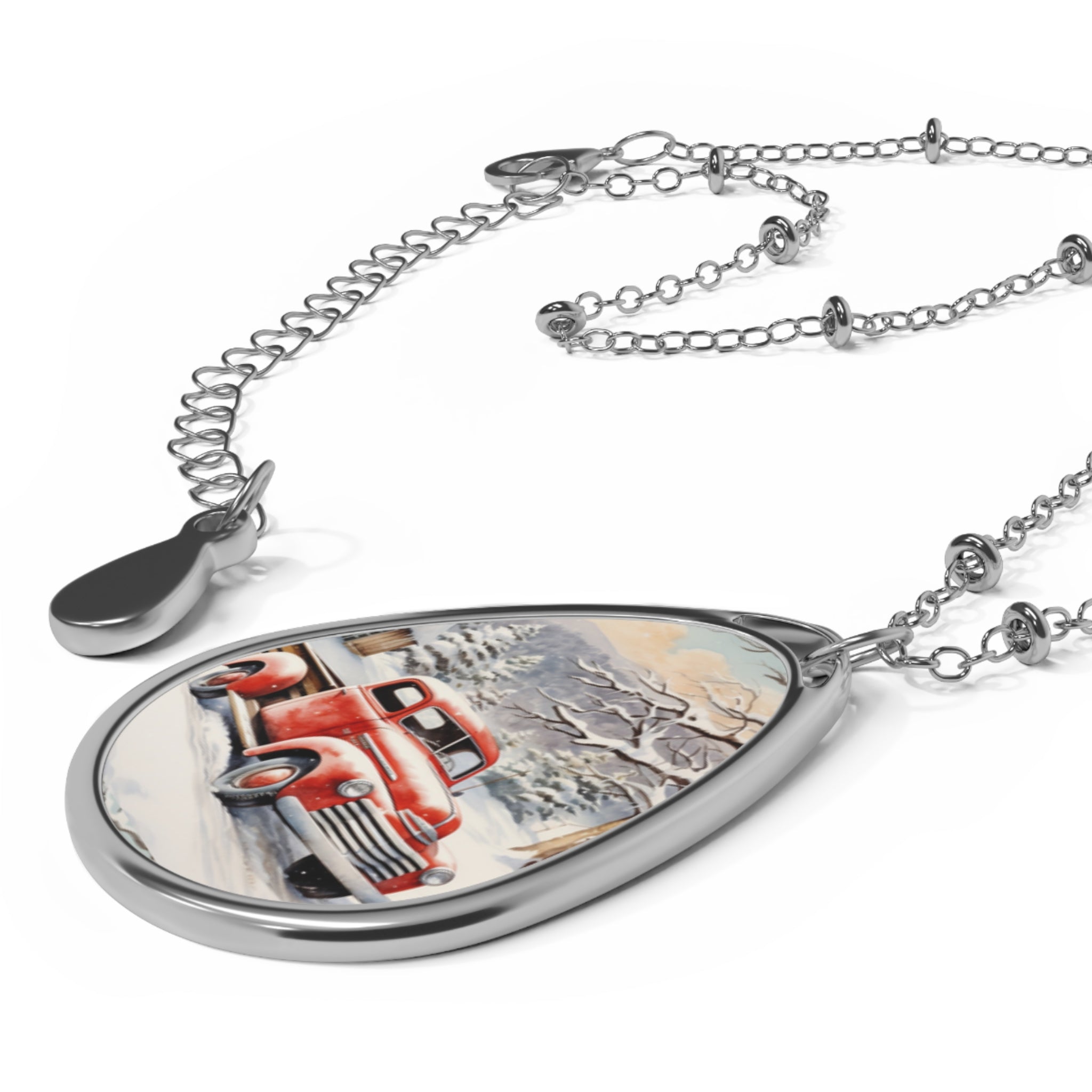 Old Truck during the Holidays Oval Necklace