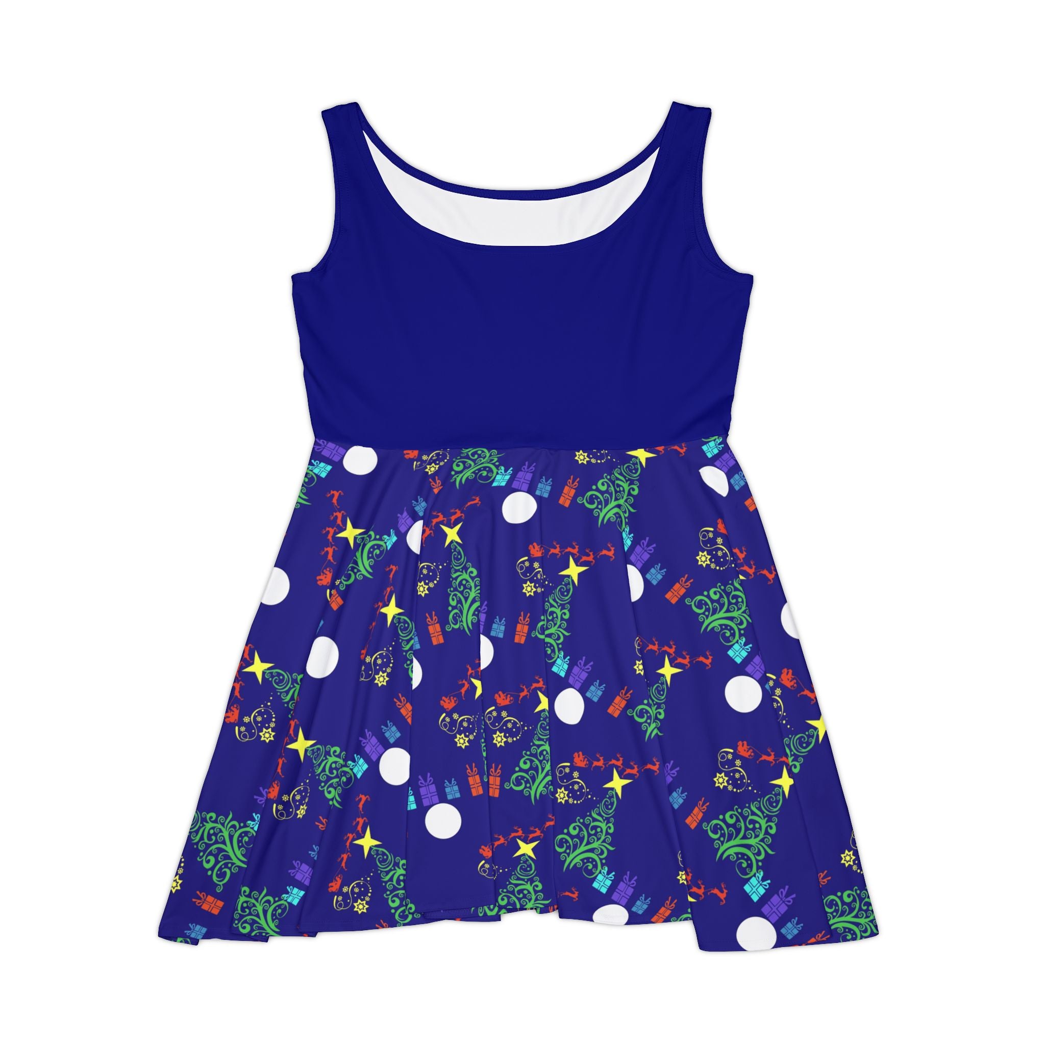 Women's Blue Christmas Santa Printed Skater Dress