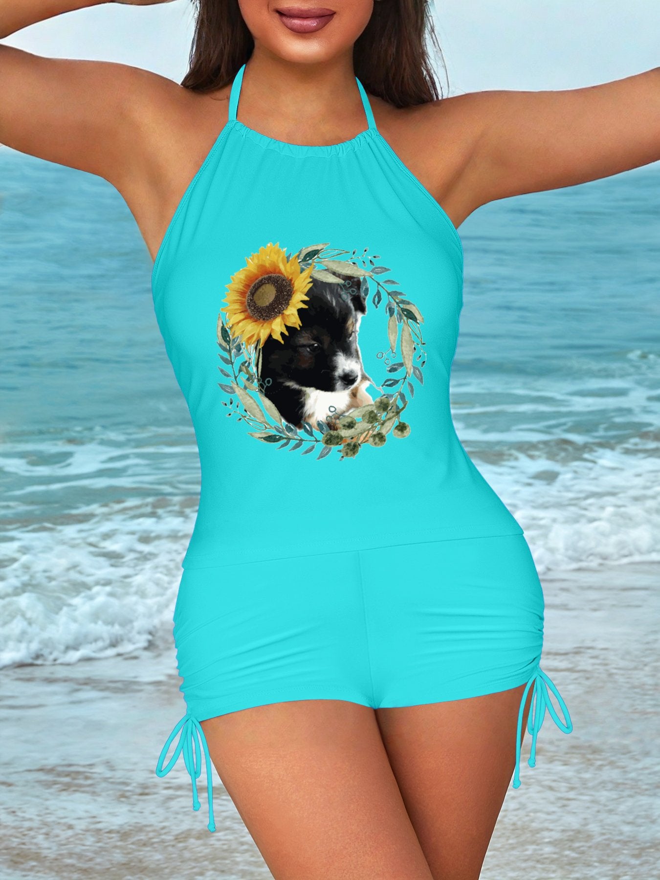 Cute Black Puppy Tankini Swimsuits with Shorts for Women (Front Printing)