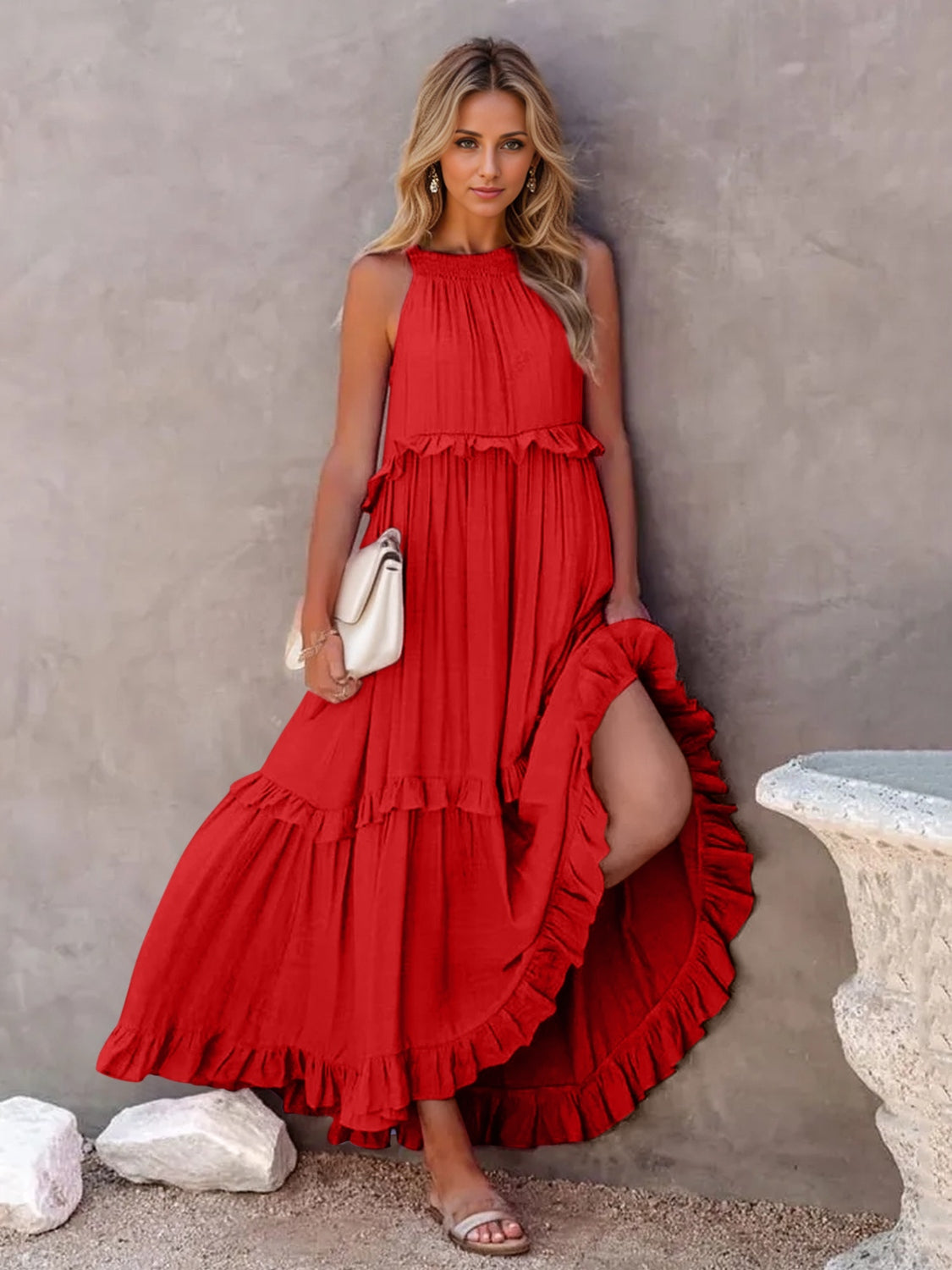 Ruffled Sleeveless Tiered Maxi Dress with Pockets