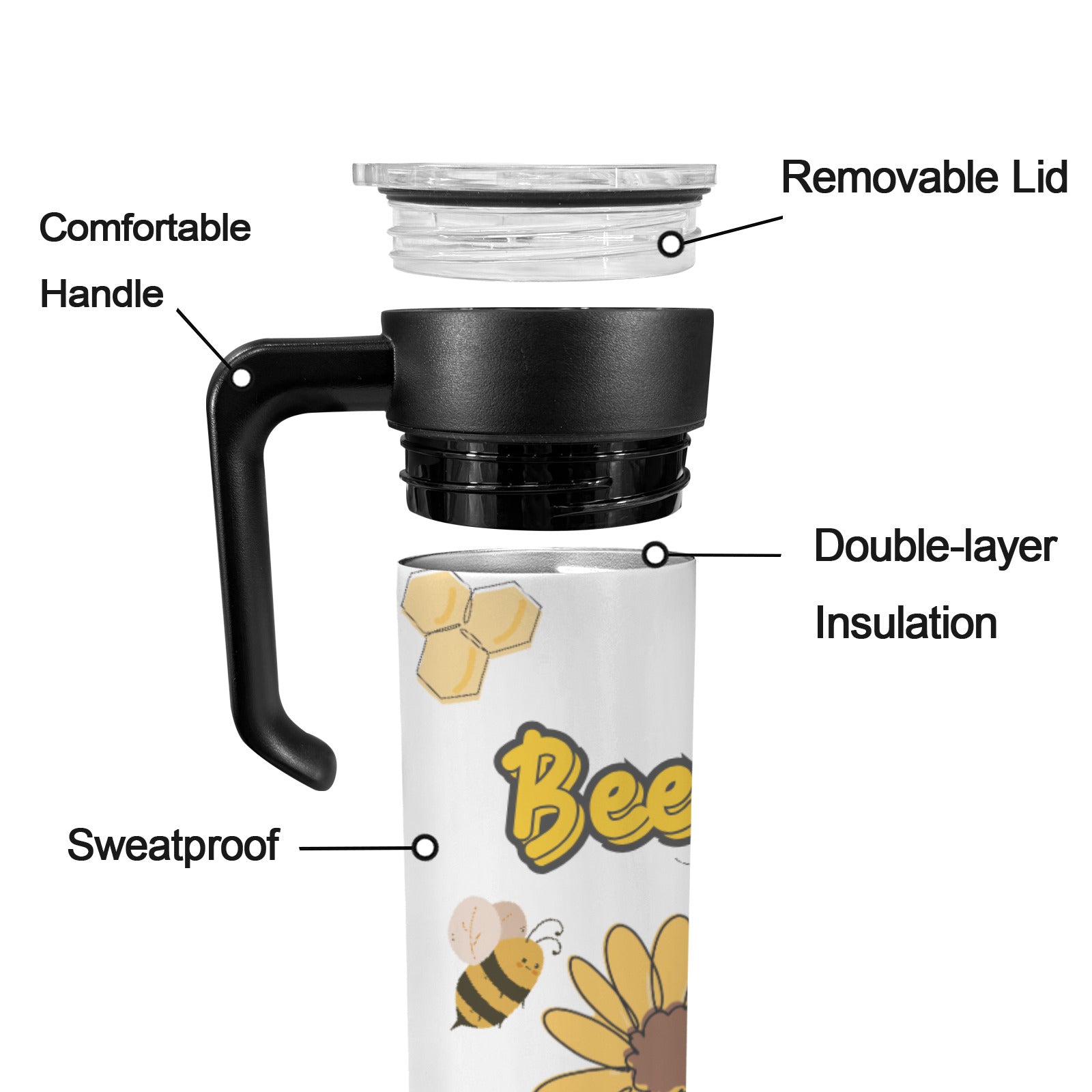 Bee Happy Honey Bees Insulated Water Bottle with Handle | Ships from USA