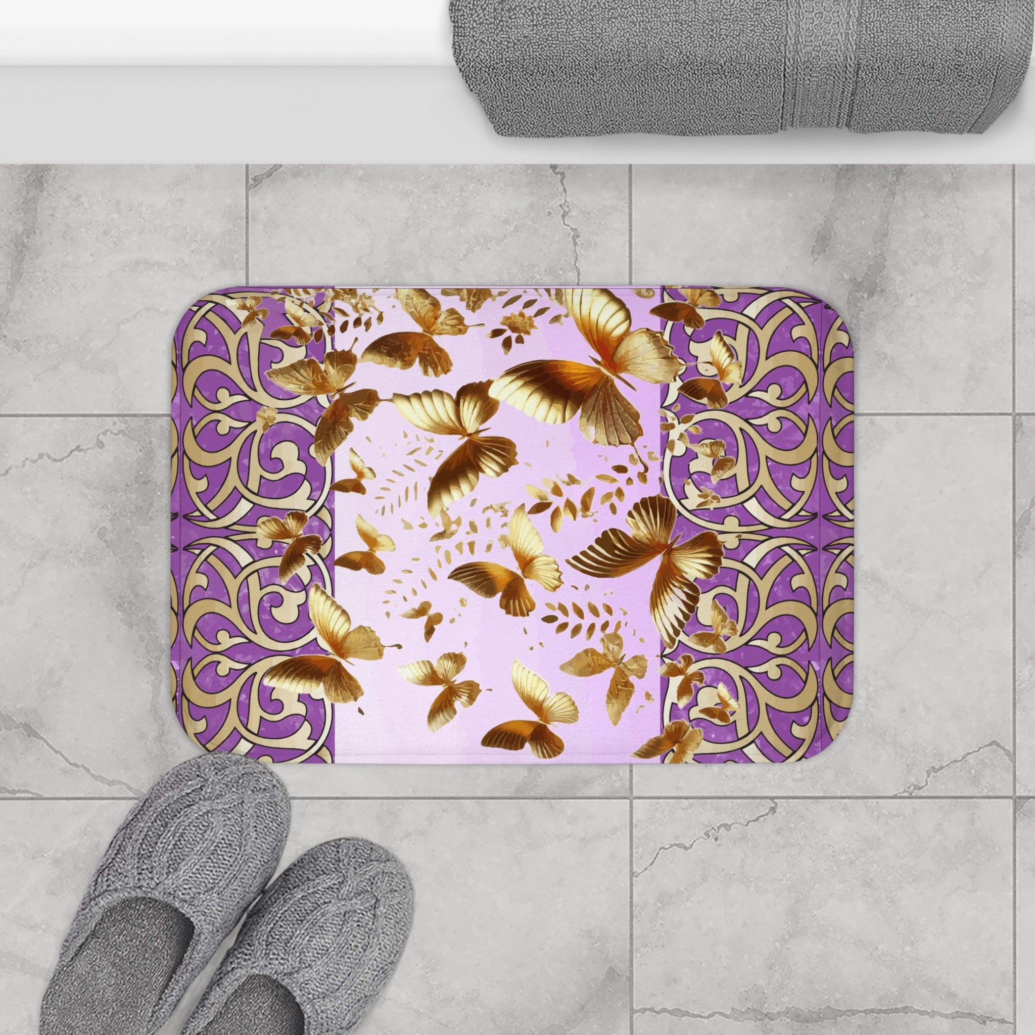 Golden Butterflies Flying Away Bath Mat