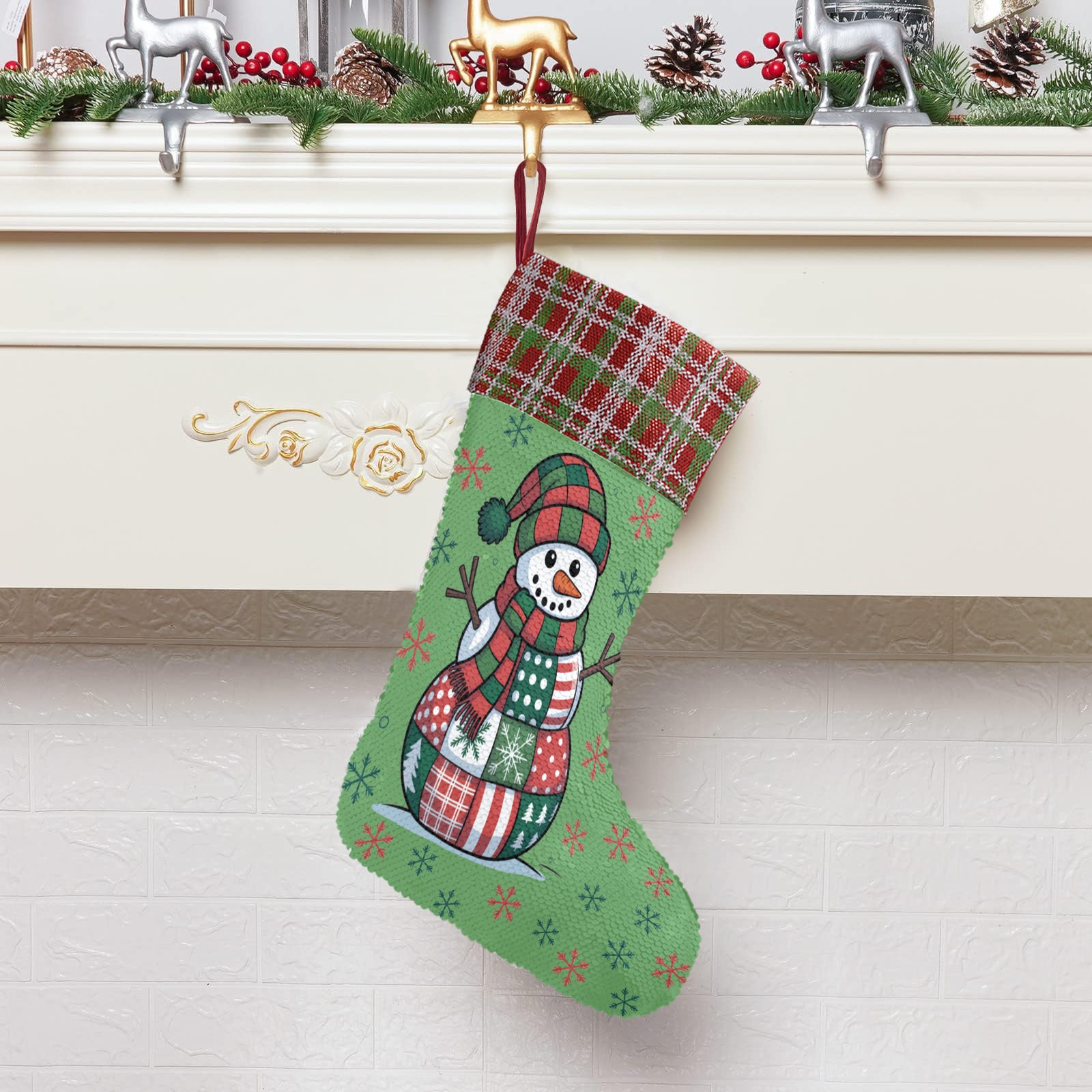 Patchwork Snowman Sequin Christmas Stocking (Made in USA)