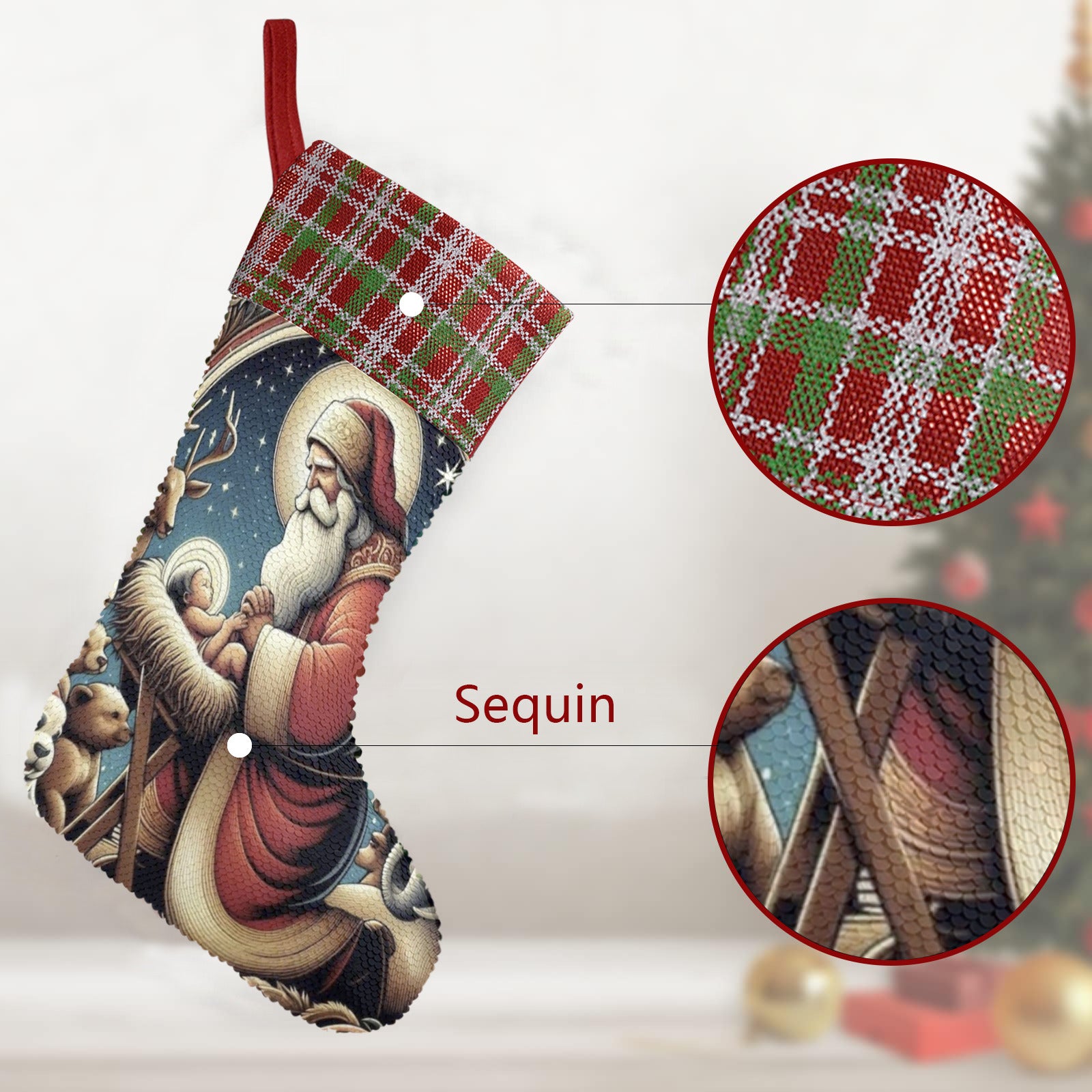 Santa with Baby Jesus Sequin Christmas Stocking (Made in USA)