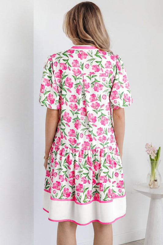 Women's Boho Sweet Pink Floral Print Short Dress