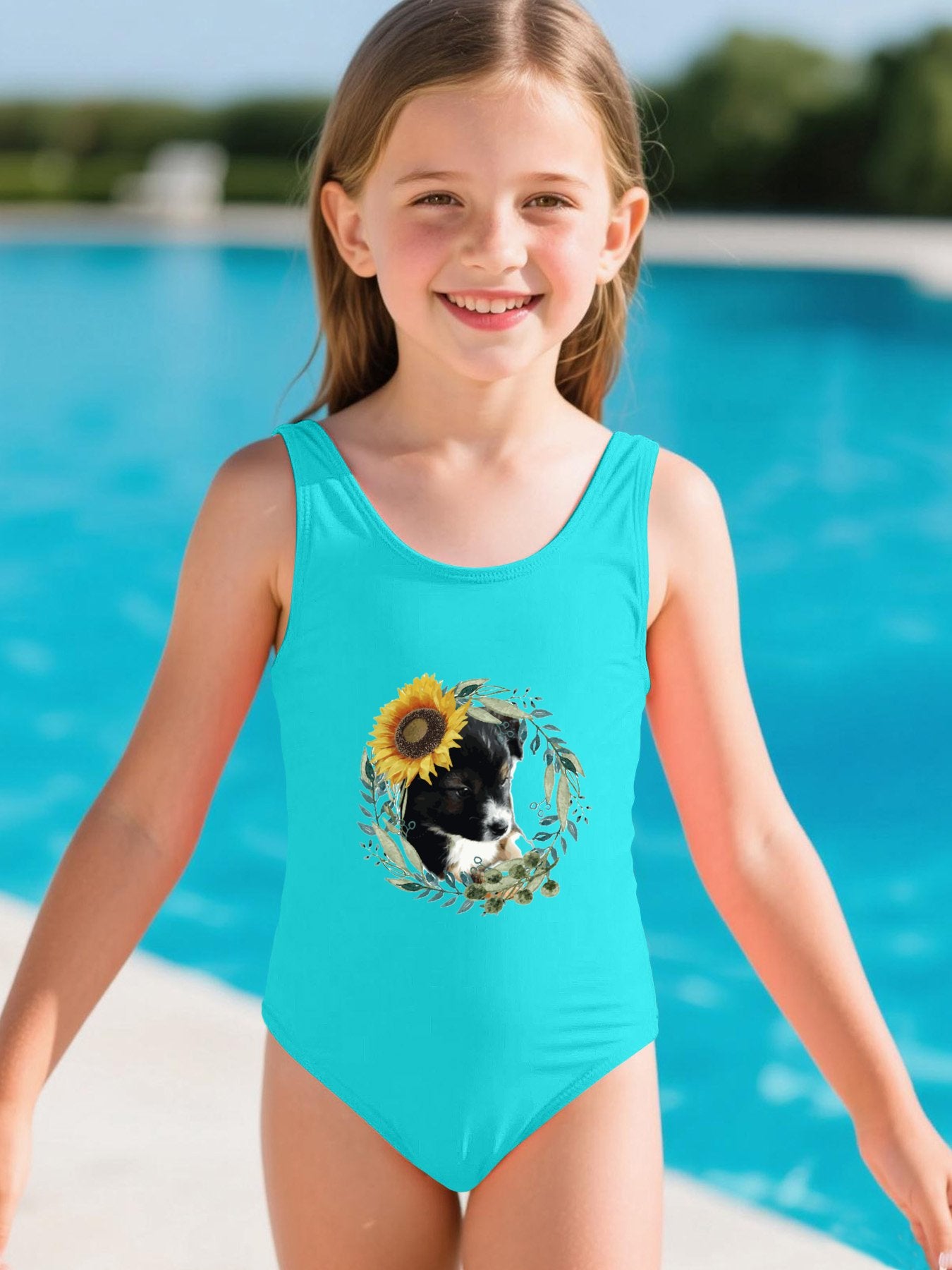 Cute Puppy Girls' Summer One-Piece Swimsuit (Front Printing)