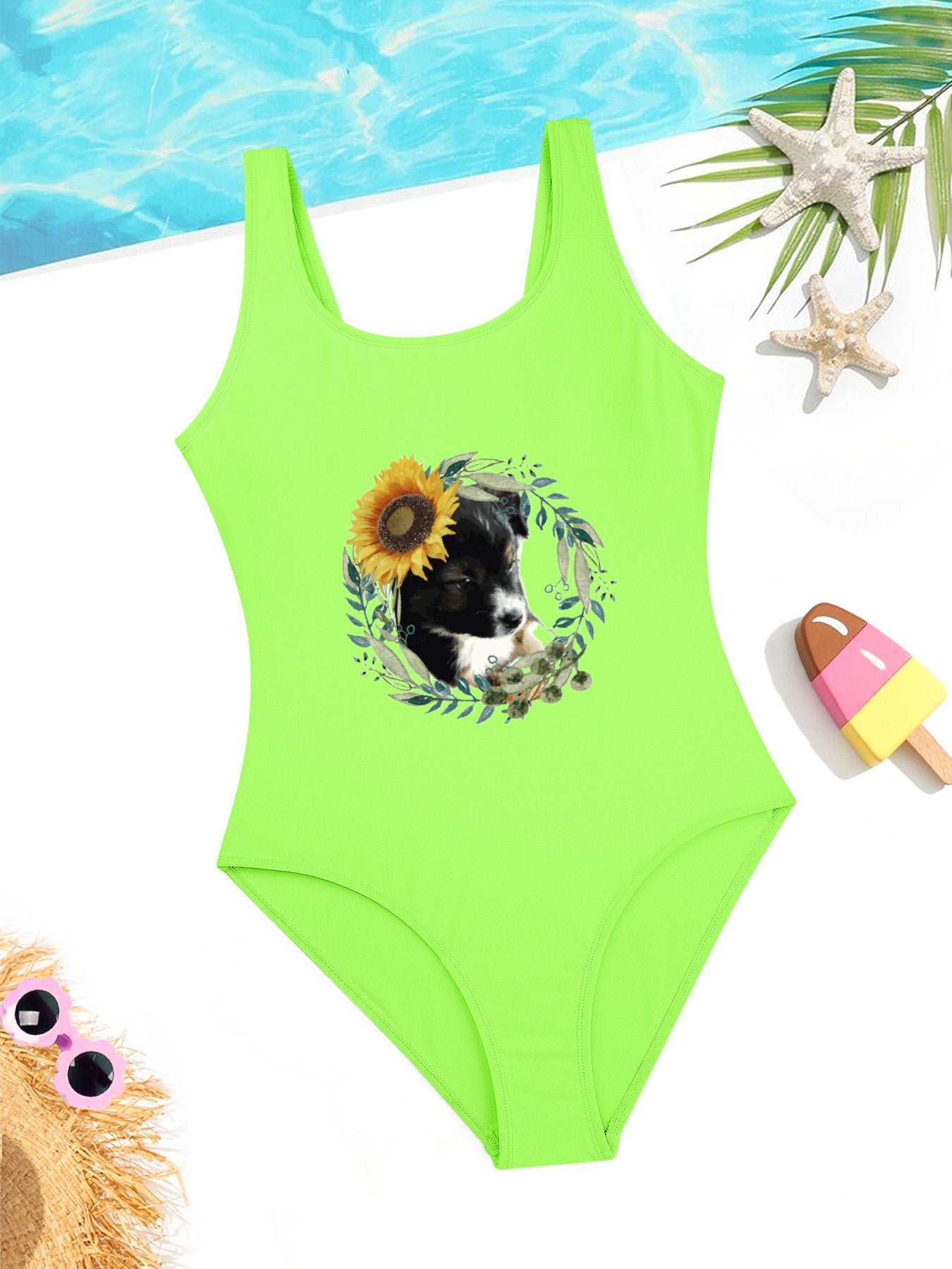Cute Puppy Girls' Summer One-Piece Swimsuit (Front Printing)