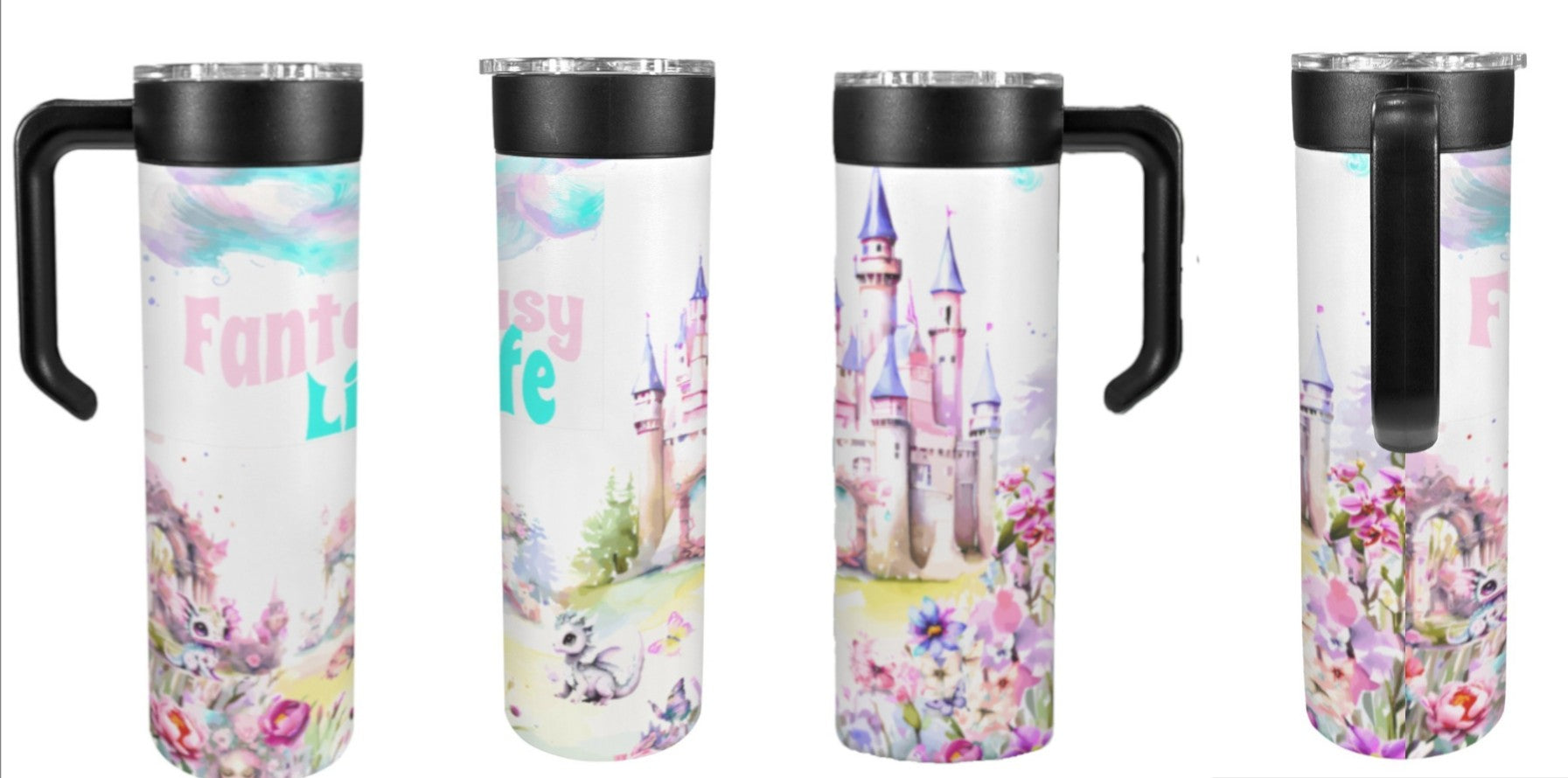 Four tumblers with castle and floral designs on a white background