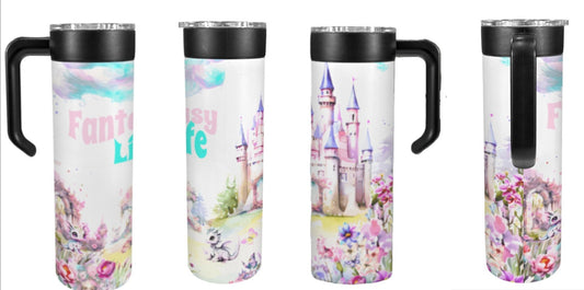 Four tumblers with castle and floral designs on a white background