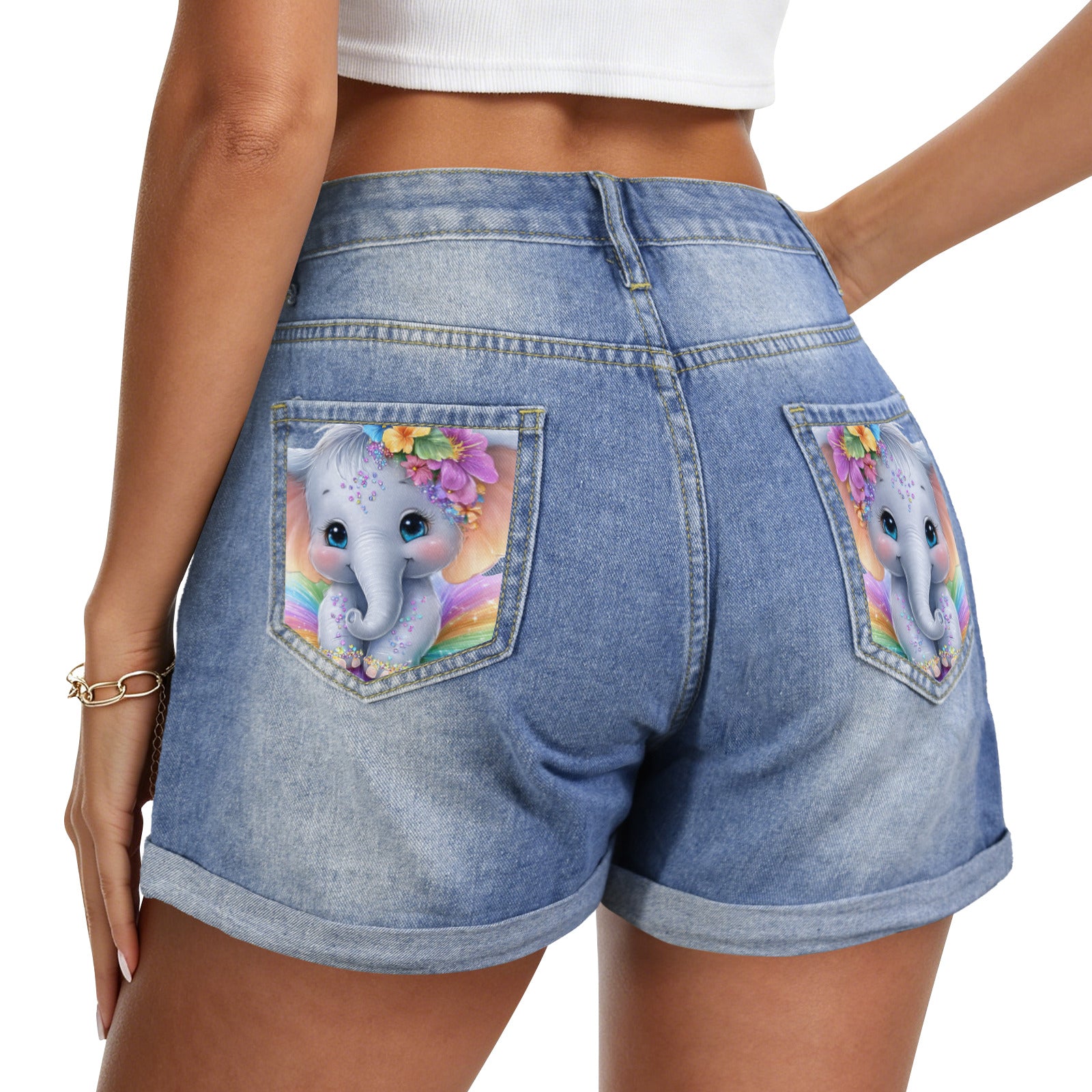 Cute Elephant Light-Wash Blue Denim Shorts (Dual Pockets Print)