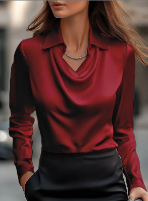 Women's Satiny Cowl Neck Elegantly Draped Long Sleeve Blouse