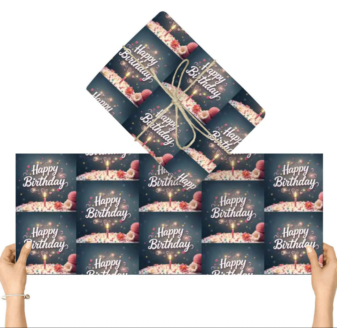 Packaging with 'Happy Birthday' text and cake design, held by two hands against a white background.