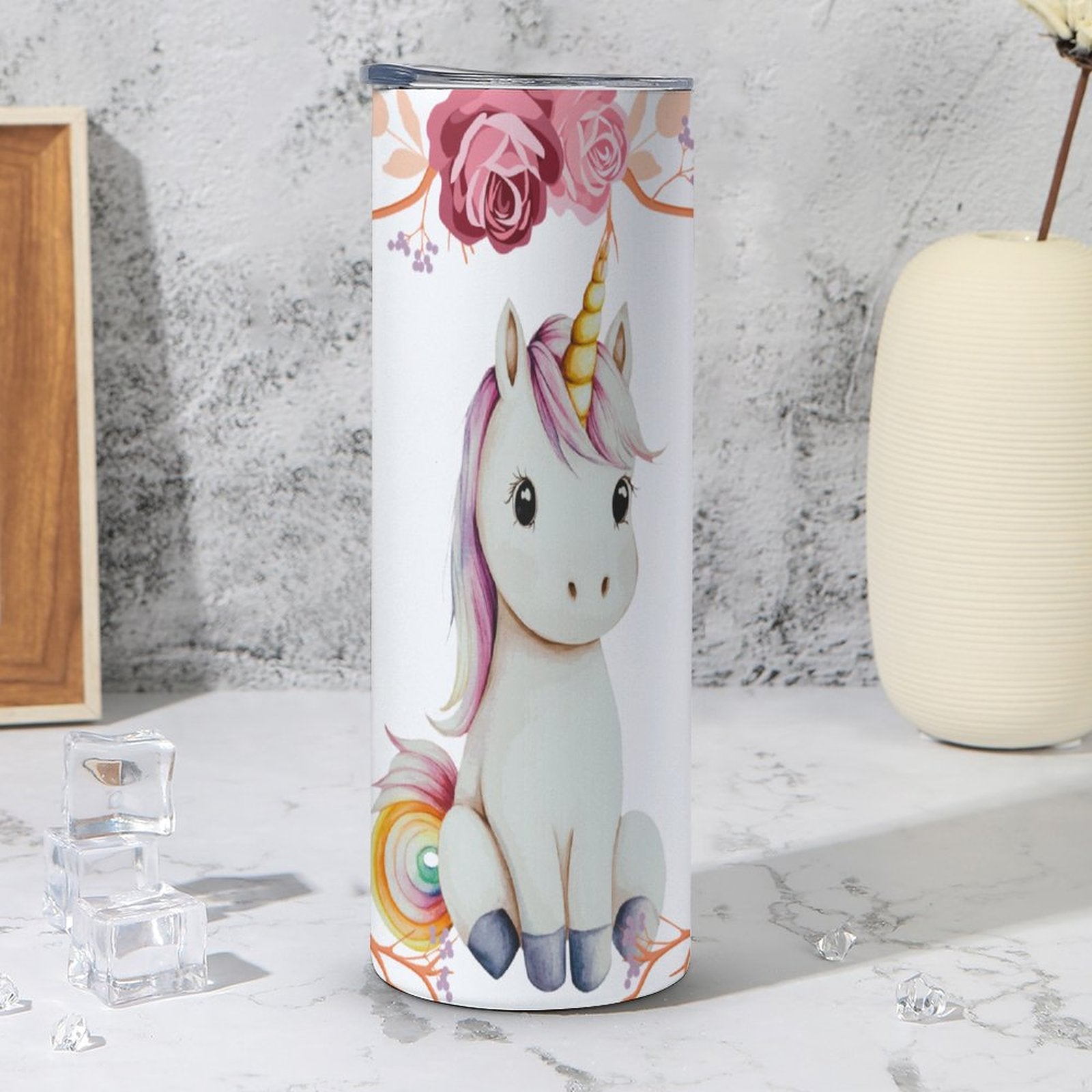 Baby Unicorn with Pink Roses 20oz Stainless Steel Travel Mug with Lid