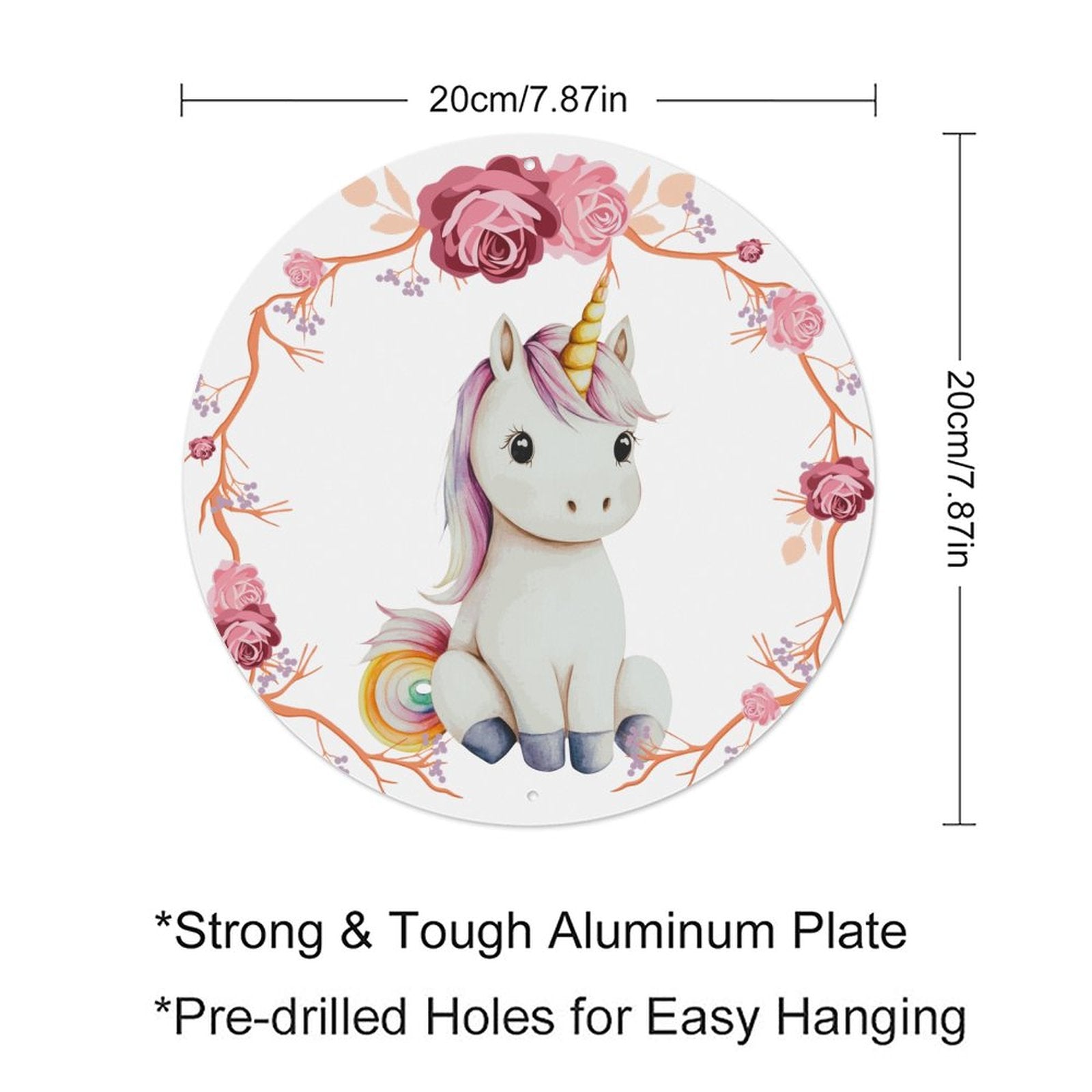 Baby Unicorn with Pink Roses Round Aluminum Plaque Painting