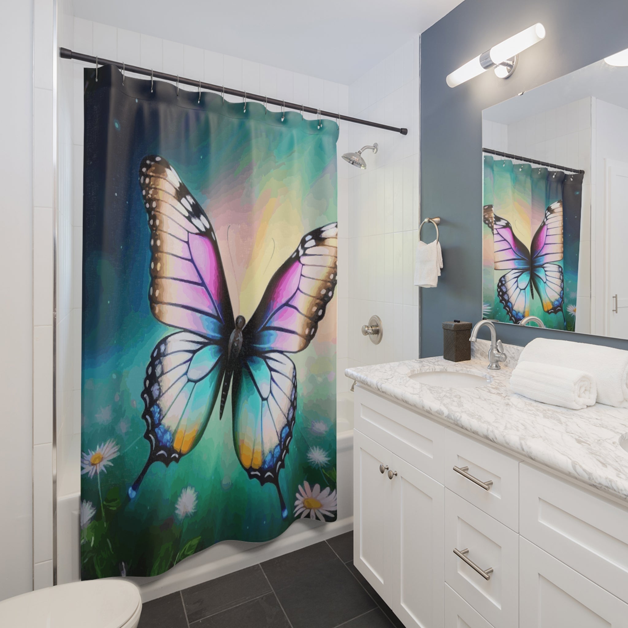 Beautiful Butterfly With Daisies Shower Curtains