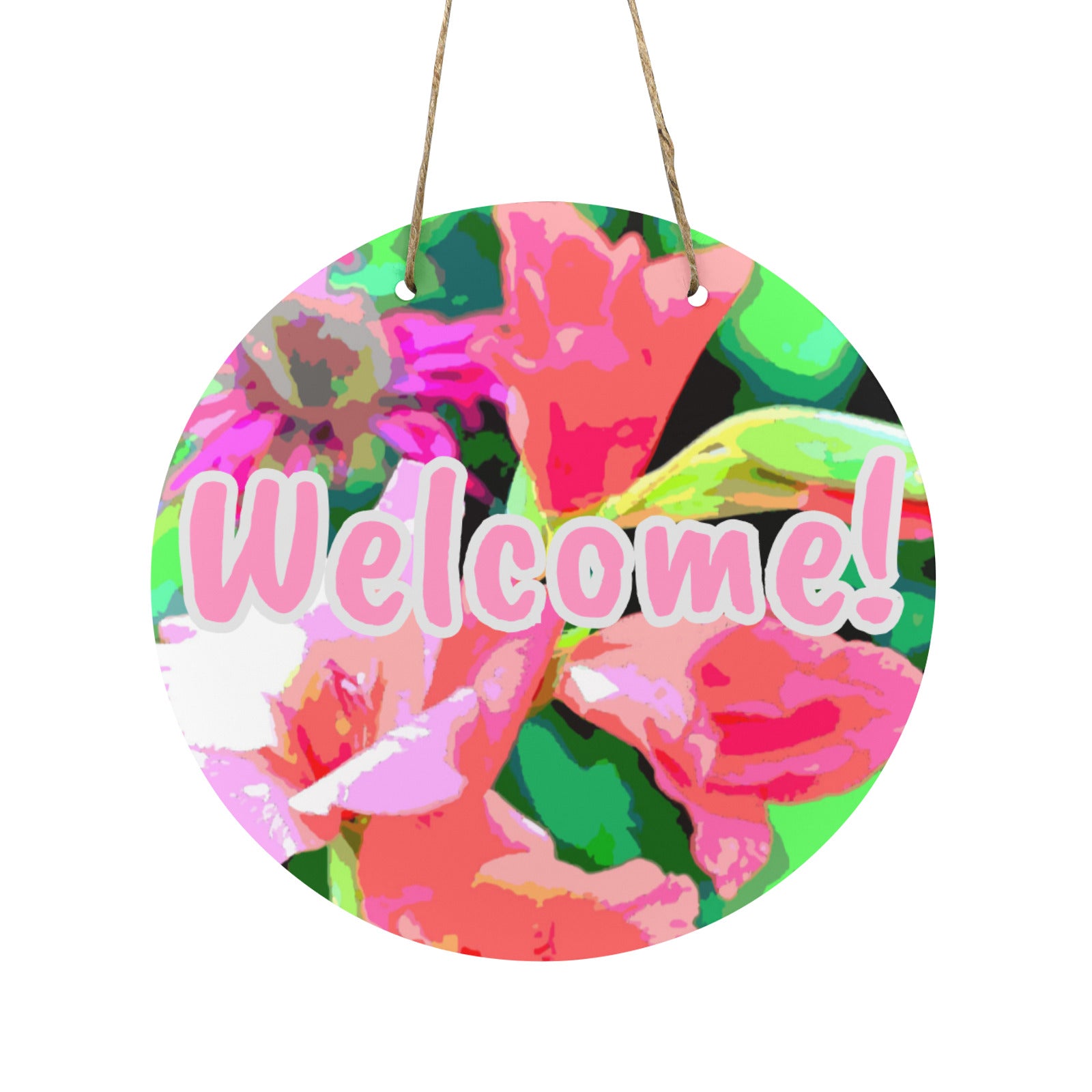 Pink Flowers Welcome Round Wooden Door Sign 11.8'' (Made in USA)