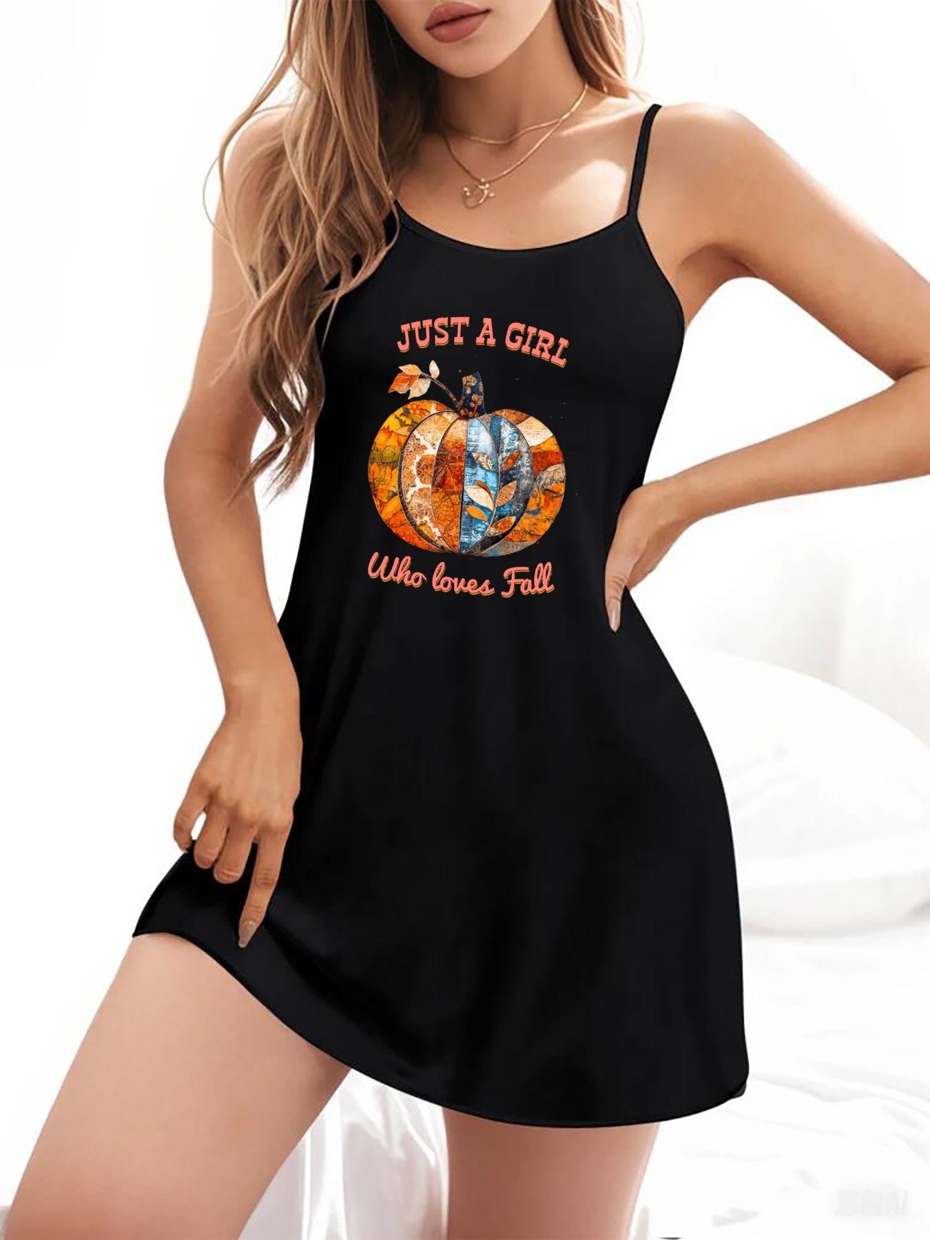 Just a Girl Who Loves Fall Pumpkins Women's Camisole Nightgown (Front Printing)
