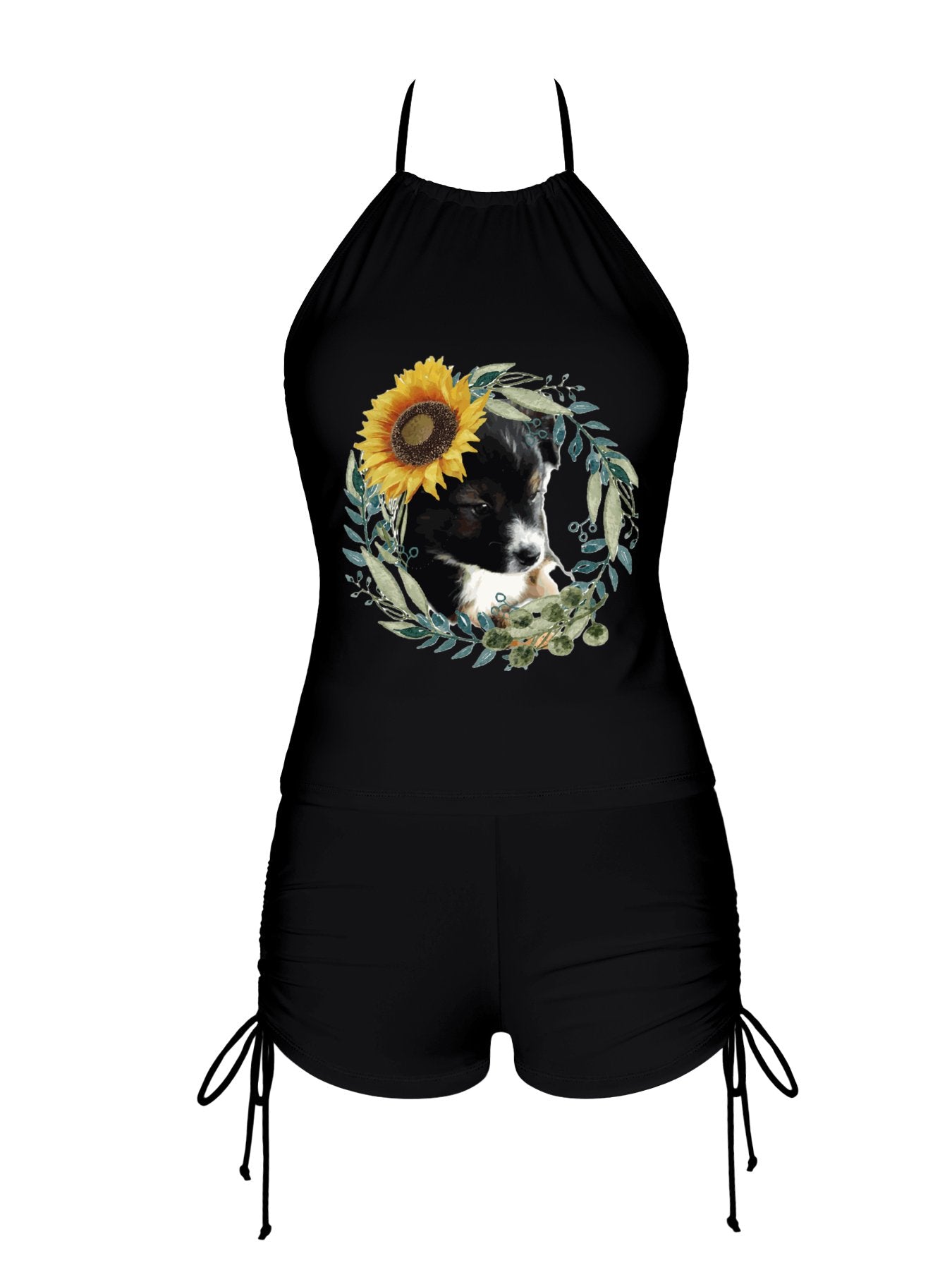 Cute Black Puppy Tankini Swimsuits with Shorts for Women (Front Printing)