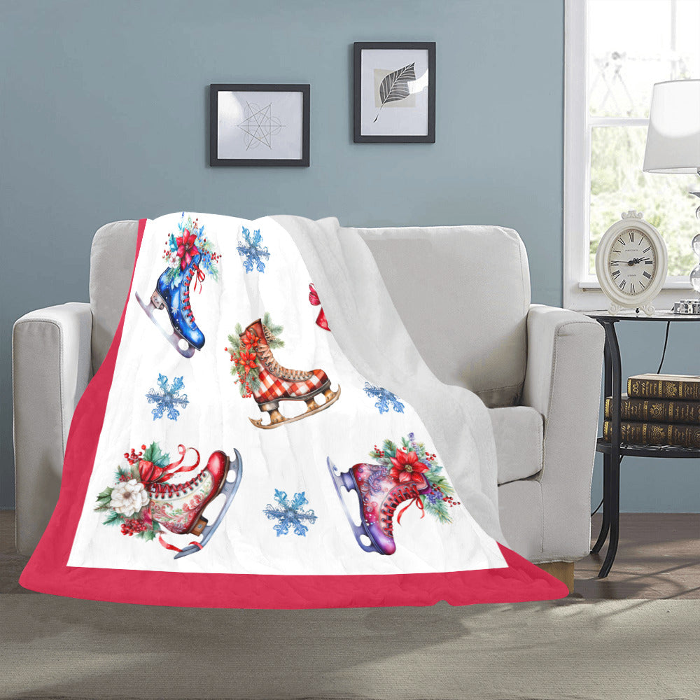 Christmas Ice Skates Faux Red Border Ultra-Soft Micro Fleece Blanket (Made in USA)