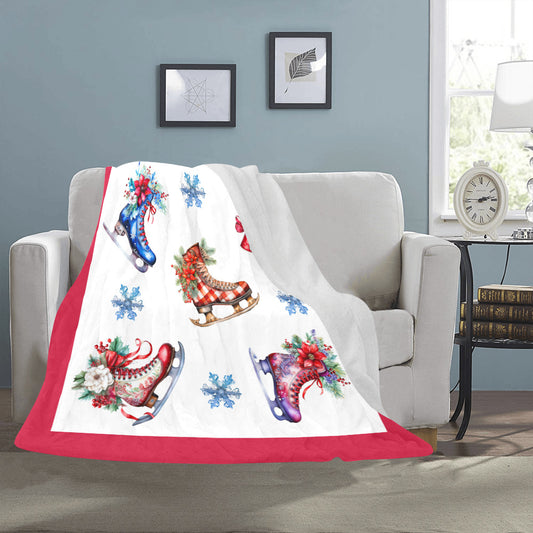 Christmas Ice Skates Faux Red Border Ultra-Soft Micro Fleece Blanket (Made in USA)