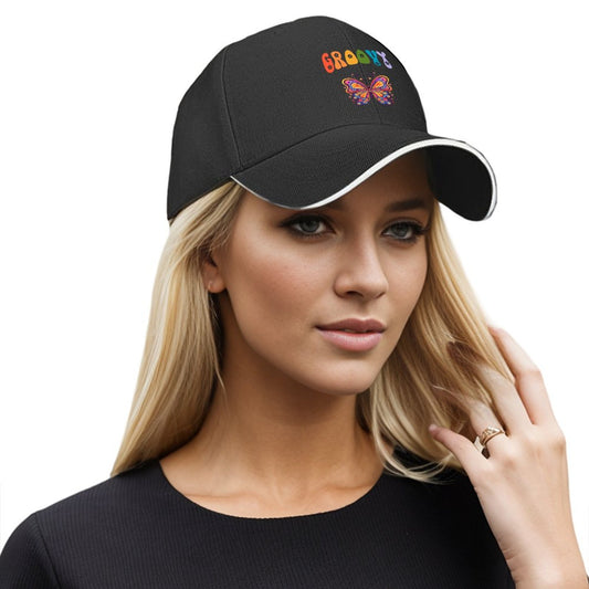 Groovy Butterfly Black Sandwich Visor Baseball Cap (Made in USA)
