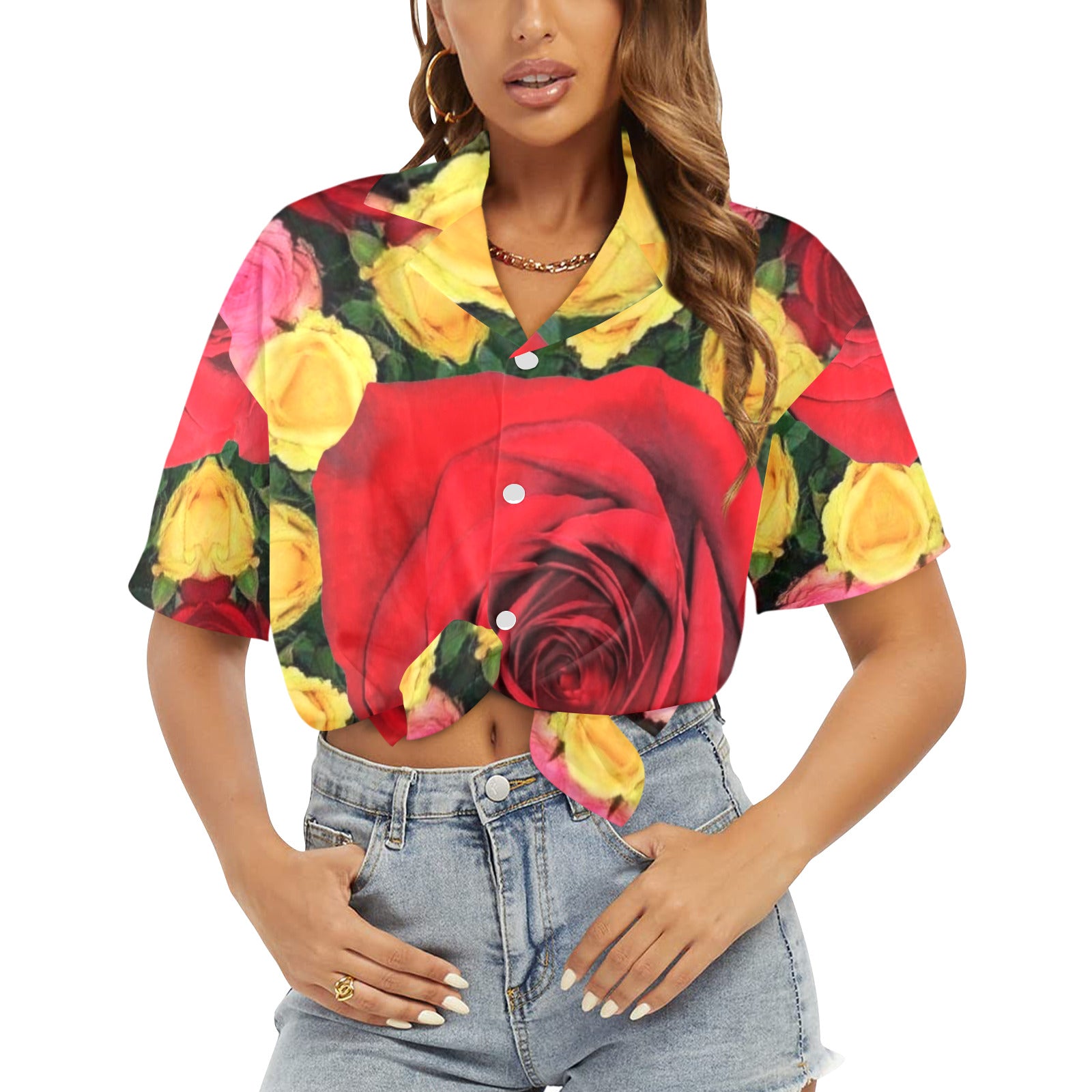 Women's Red Yellow & Pink Roses Hawaiian Shirt (Made in USA)