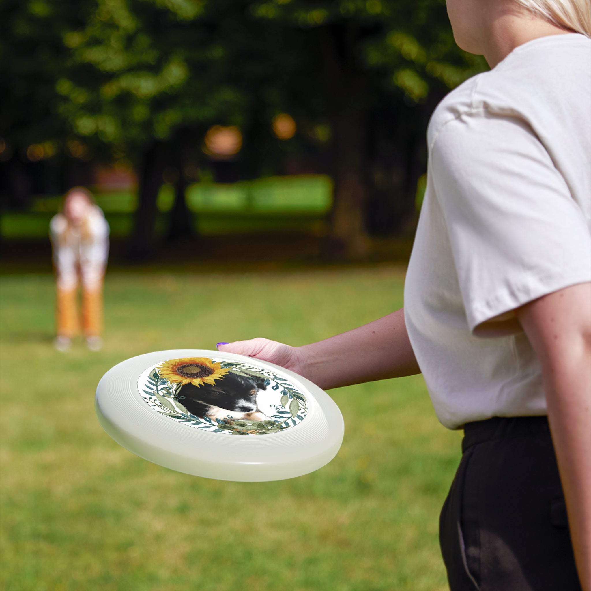 Cute Black Puppy with Sunflower Pattern Wham-O Frisbee