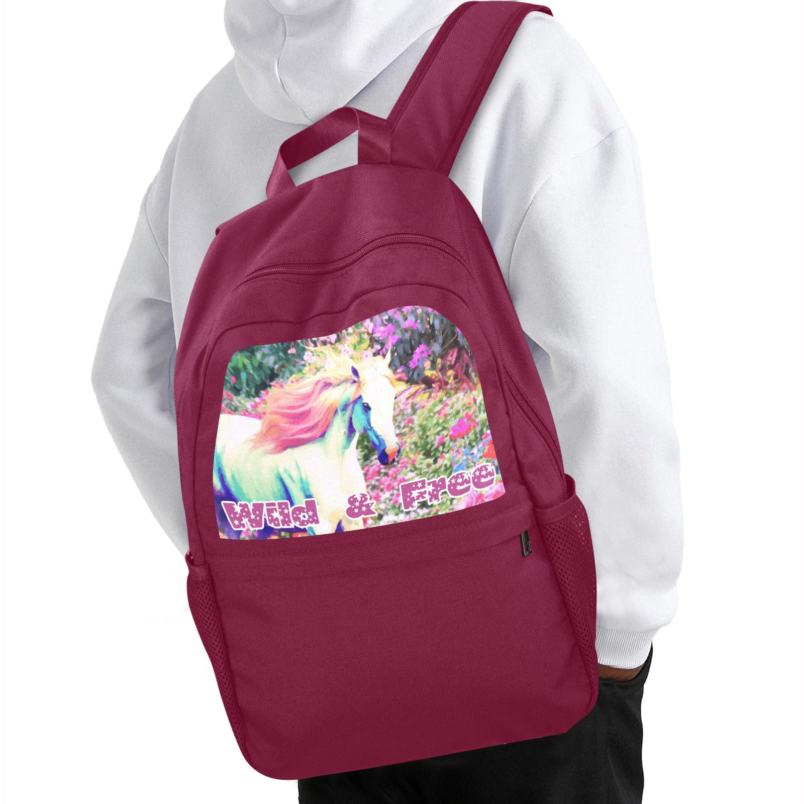 White Horse with Floral Background Casual Backpack (Upper Part Printing) (Model 1753)