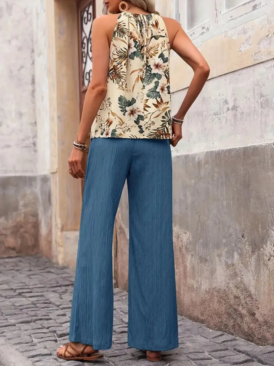 Women's Printed Tank Top and Wide Leg Pants Set Outfit