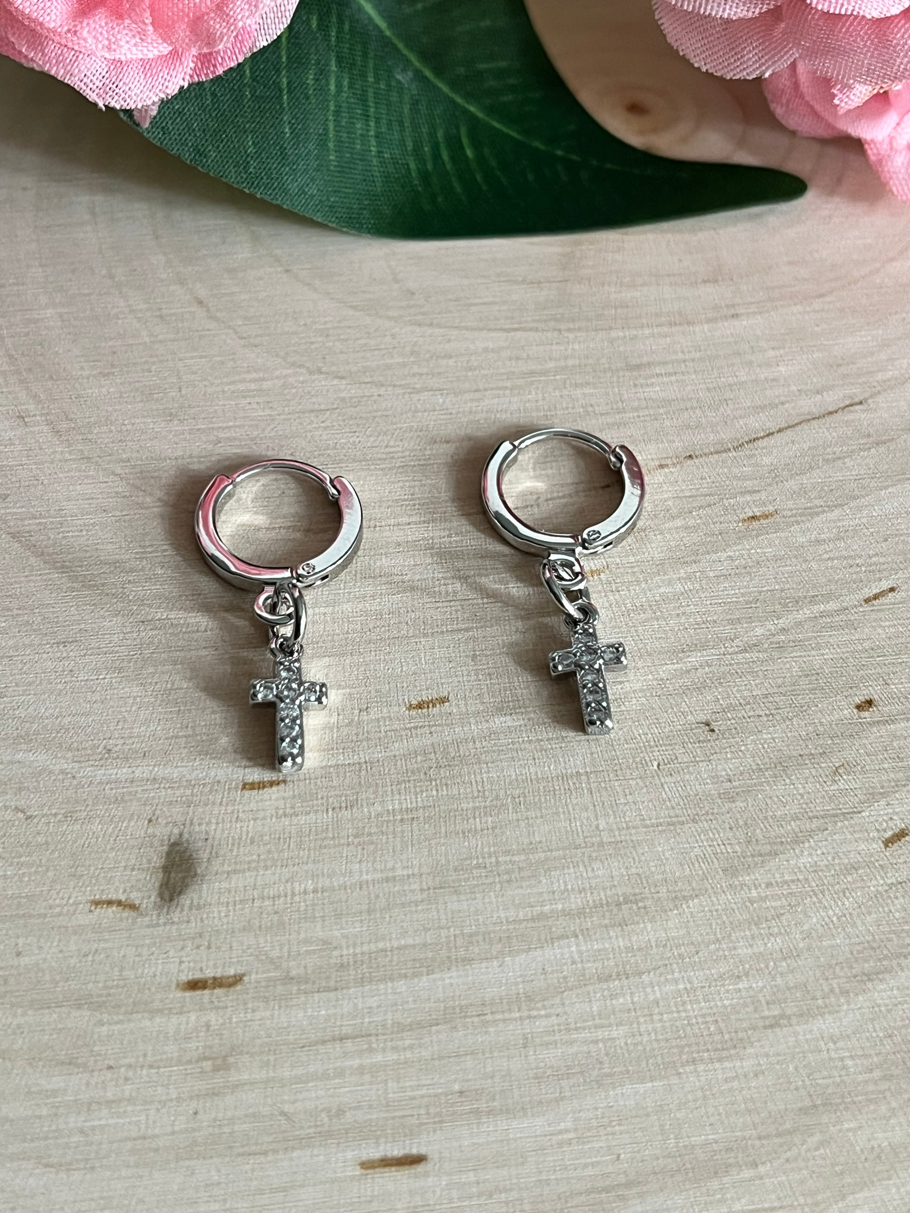 Silver Cross Huggie Earrings