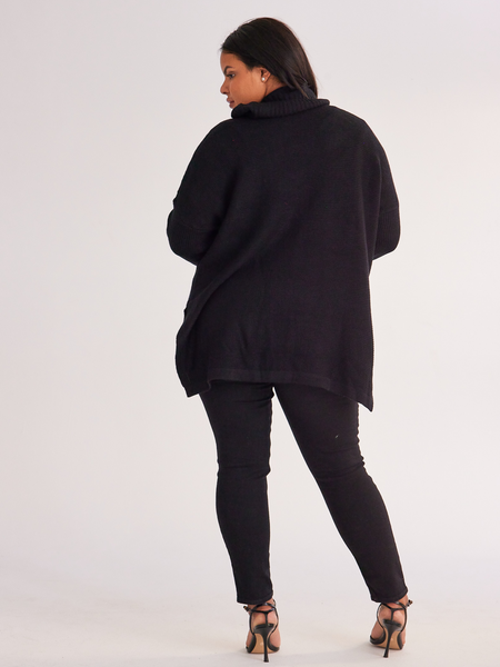 Women's Black Side Split Turtleneck Sweater