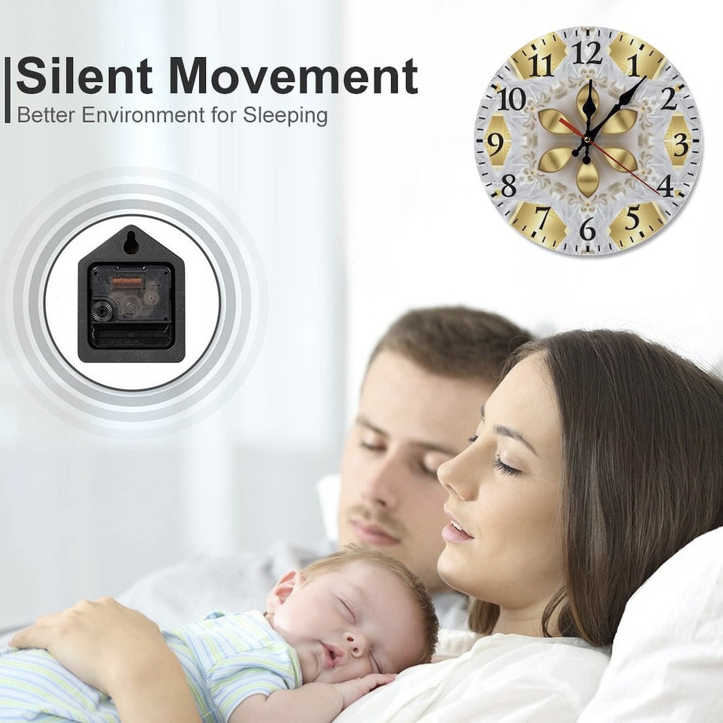 Couple with a baby sleeping peacefully, with a clock and small device labeled 'Silent Movement' in the background.