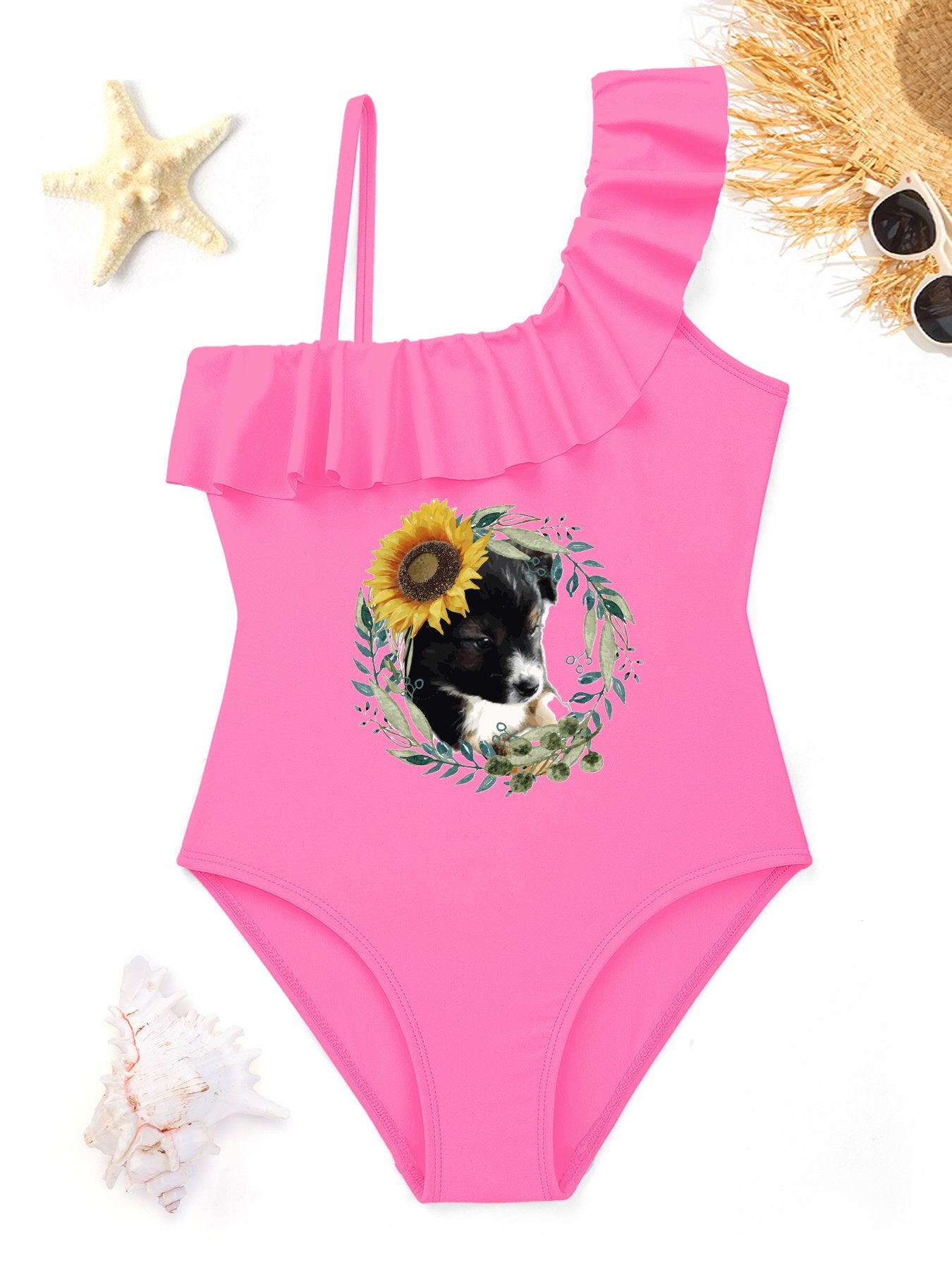 Cute Black Puppy Girls' Ruffled One-Piece Swimsuit (Front Printing)