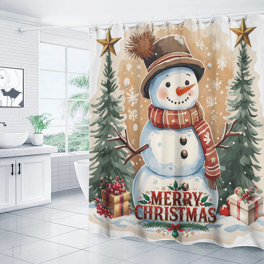 Happy Snowman Merry Christmas Shower Curtain 66" x 72" (Made in USA）