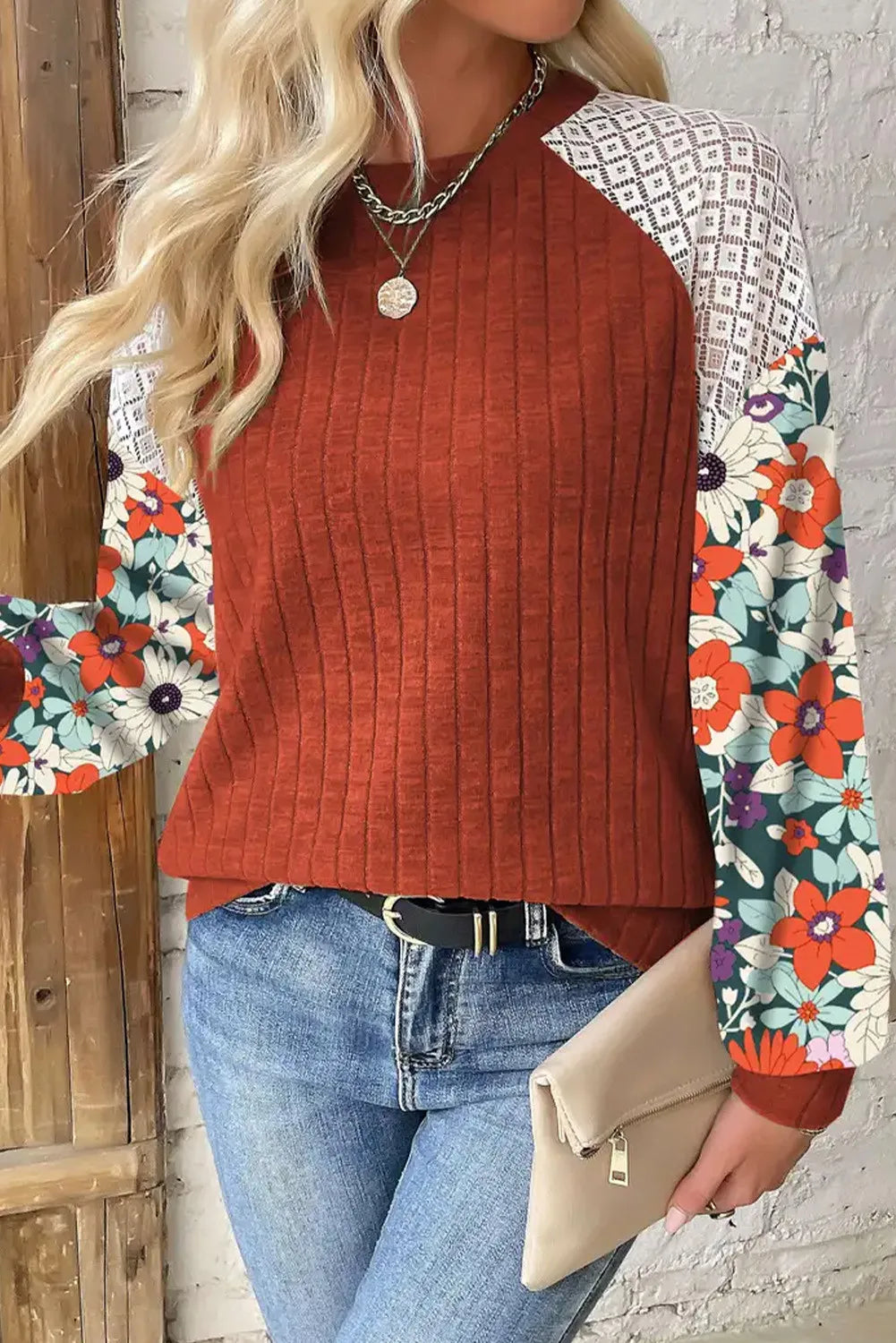 Women's Fall Colors Printed Round Neck Long Sleeve Shirt