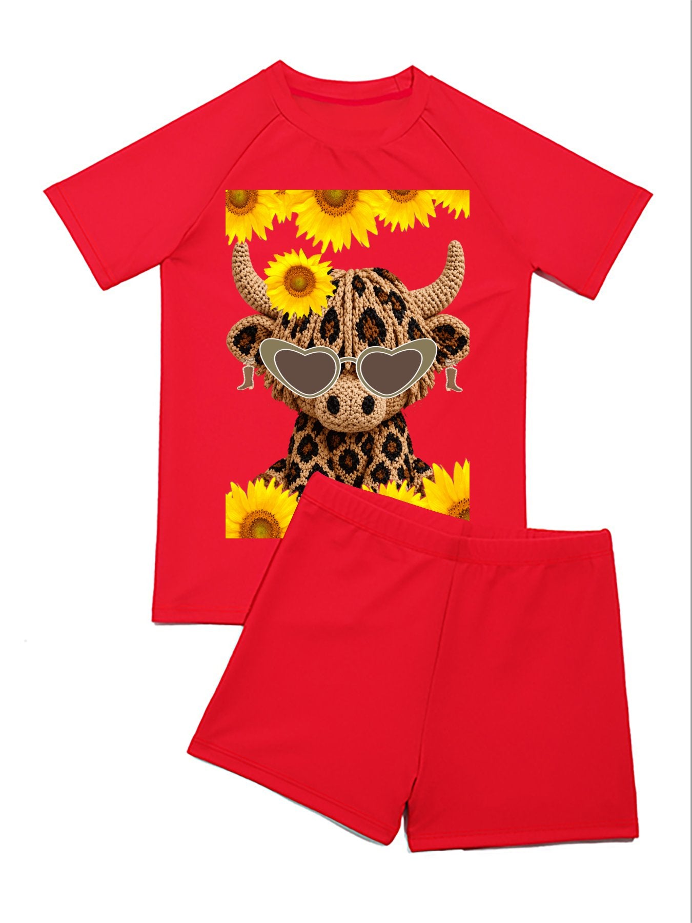 Yarn Highland Calf with Sunglasses Short Sleeved Swimsuit for Children (Front Printing)