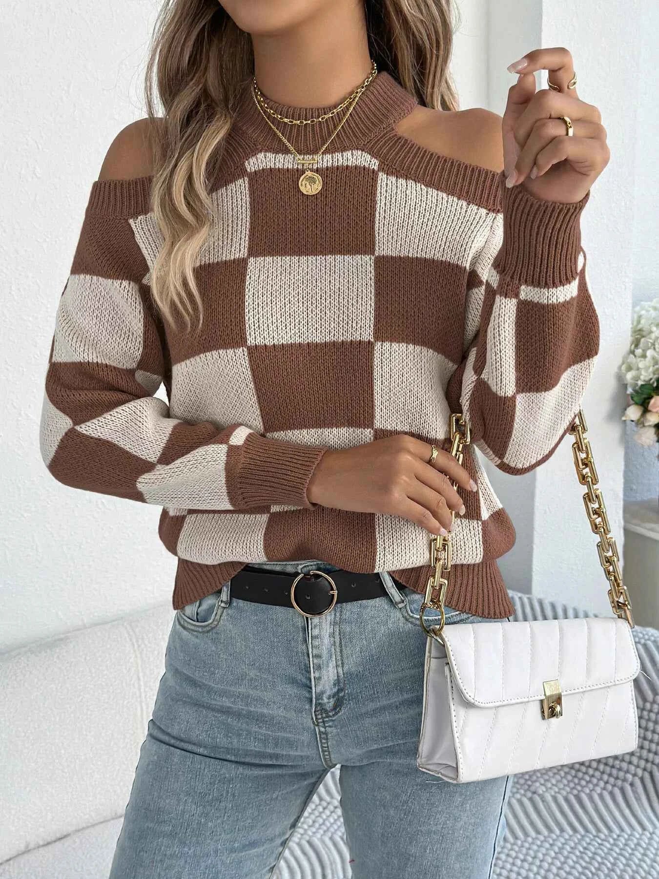 Cold Shoulder Checkered Long Sleeve Sweater