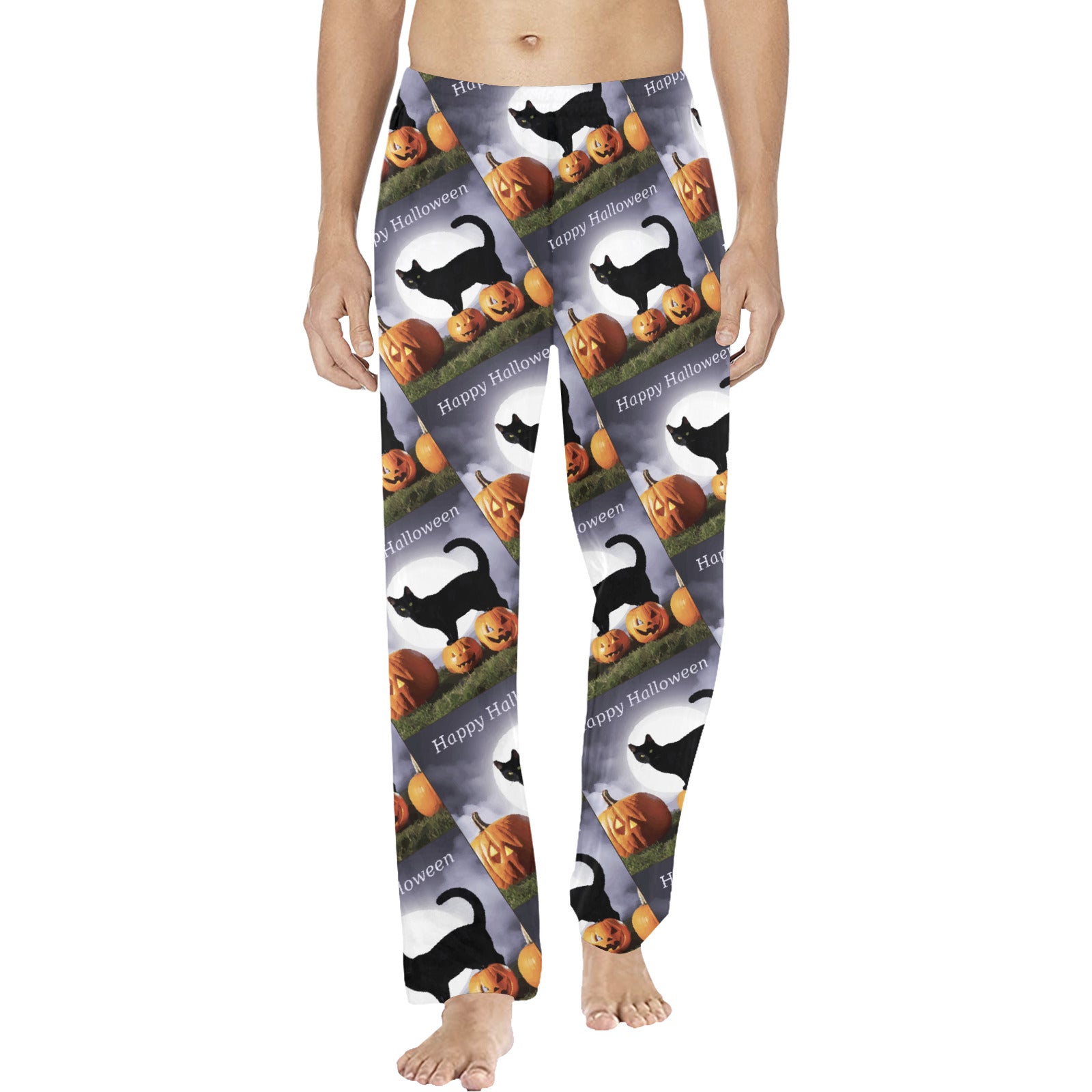 Black Cat with Pumpkins Happy Halloween Men's Pajama Trousers (Made in USA)