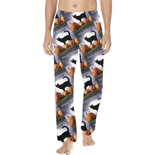Black Cat with Pumpkins Happy Halloween Men's Pajama Trousers (Made in USA)