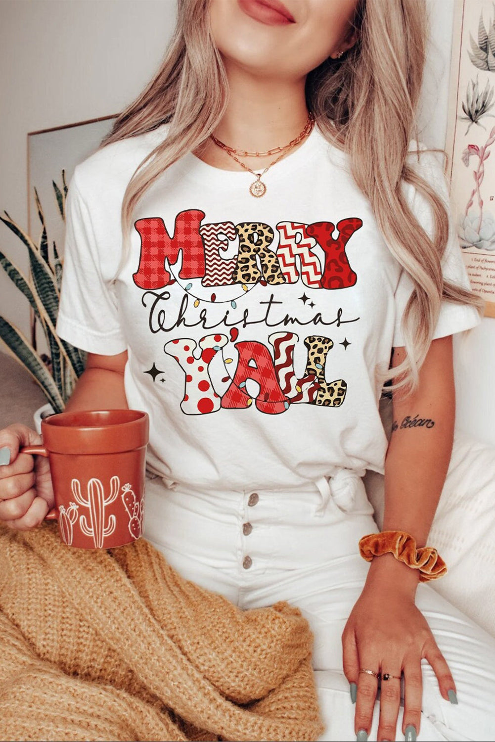 White MERRY Christmas Y'all Graphic Crewneck T Shirt