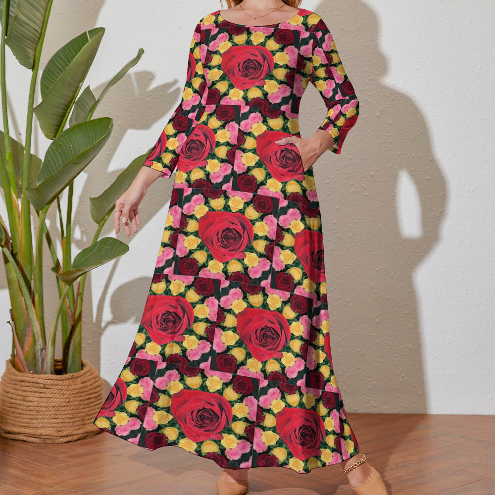 Red Rose Garden Plus Size Long Sleeve Maxi Dress