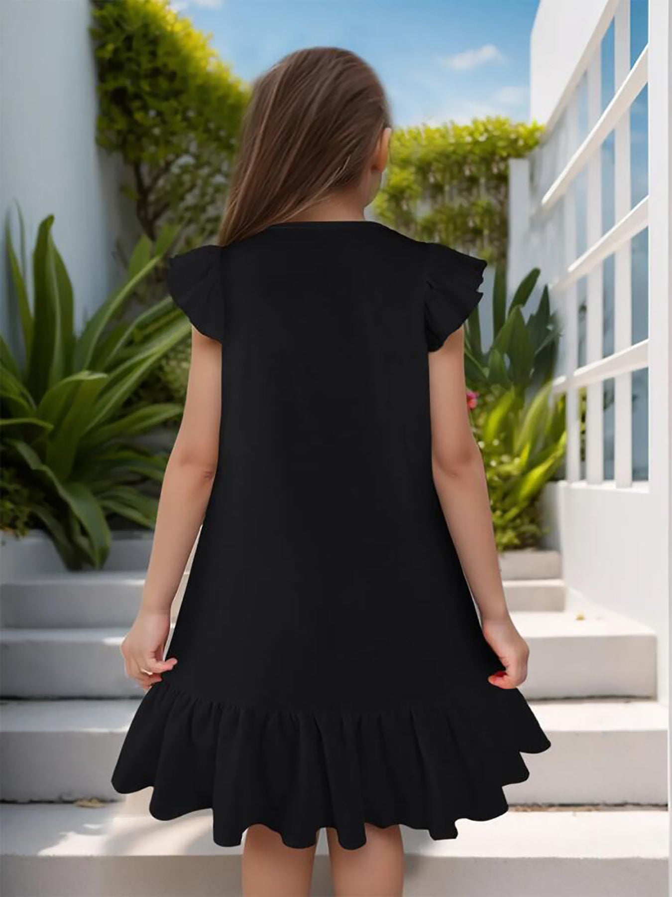 Yarn Highland Calf with Sunglasses Flutter Sleeve Dress for Girls (Front Printing)