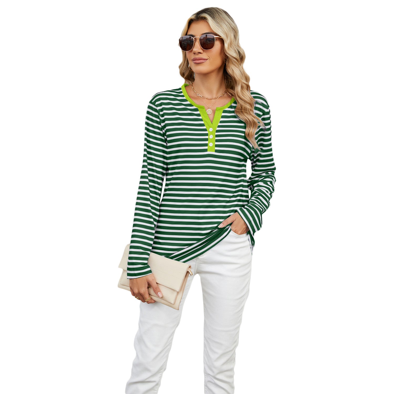 Women's V-neck Striped Loose Long-sleeved T-shirt