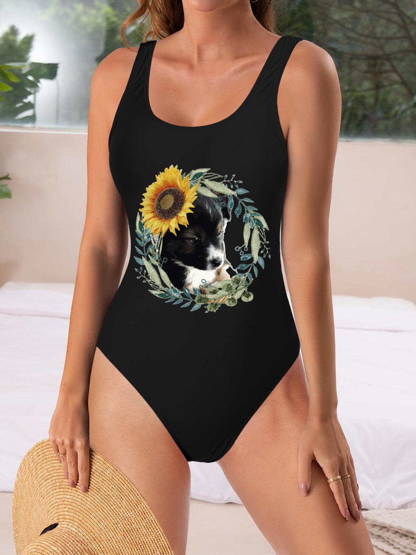 Cute Black Puppy One-Piece Swimsuit for Women (Front Printing)