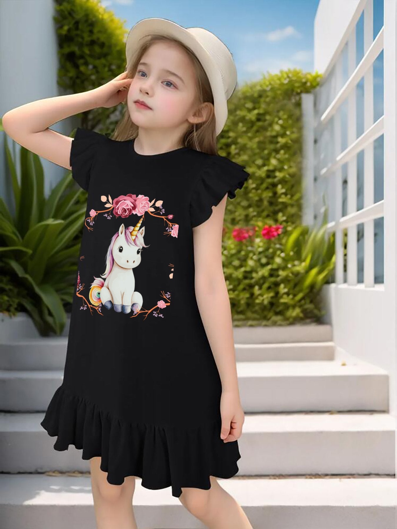 Baby Unicorn with Pink Roses Flutter Sleeve Dress for Girls (Front Printing)