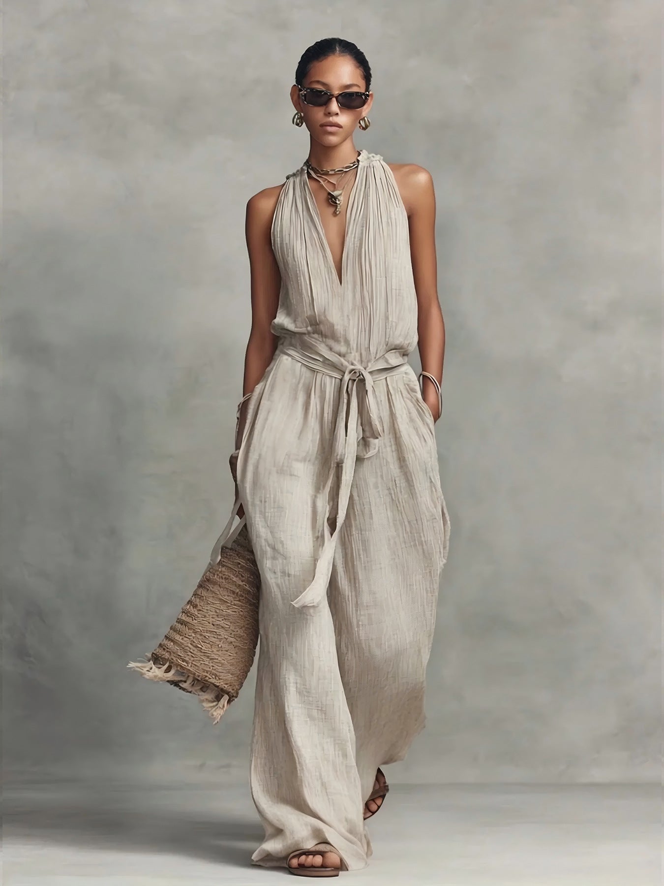 Women's Casual Belted Sleeveless Cotton-blend Jumpsuit