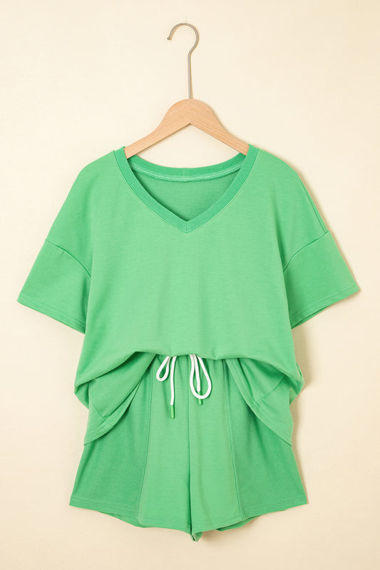 Mint Green V-neck Drop Shoulder Tee and Drawstring Shorts Outfit Set