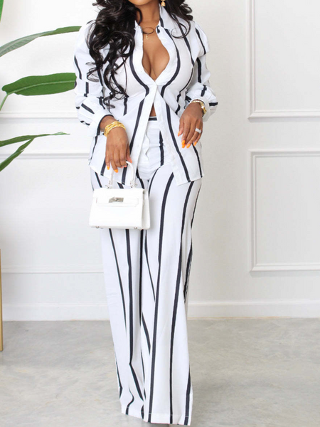 Women's Striped Printed Long-Sleeved Shirt And Trousers 2-Piece Suit