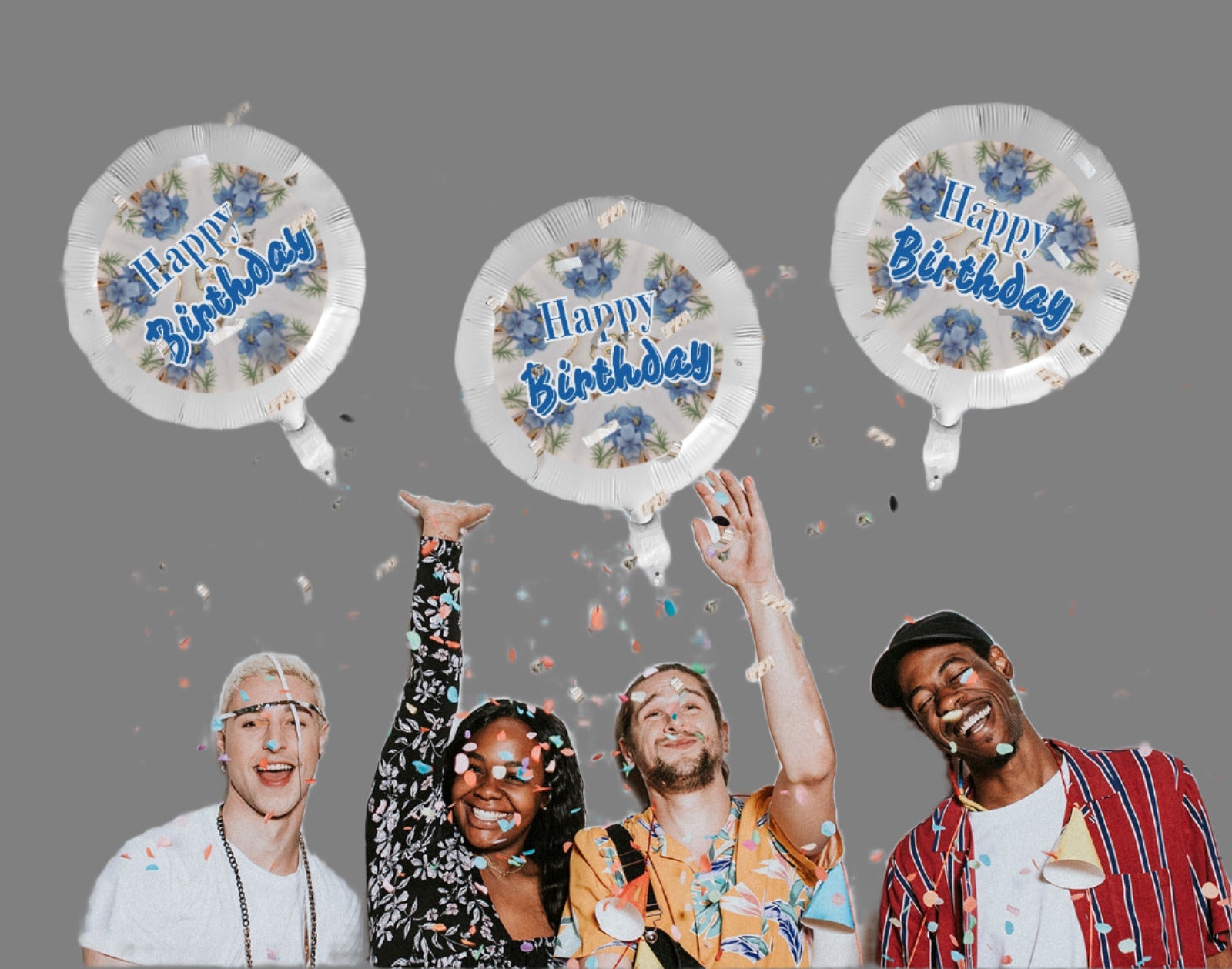 Happy Birthday Blue Floral Design 18-inch Custom Aluminum Foil Balloons - Pack of 3 (Made in USA)